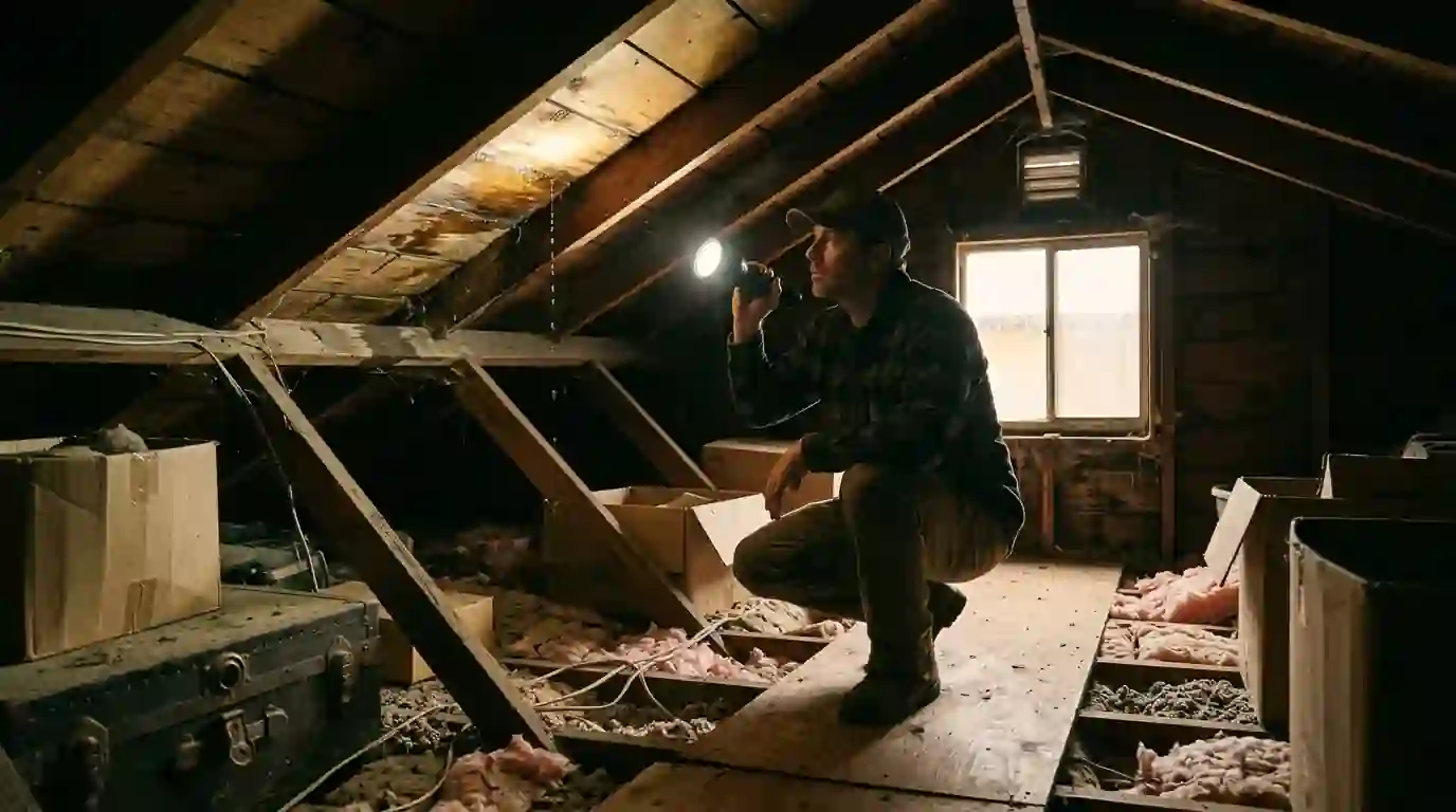 Flashlight inspection of an attic for leaks during rain
