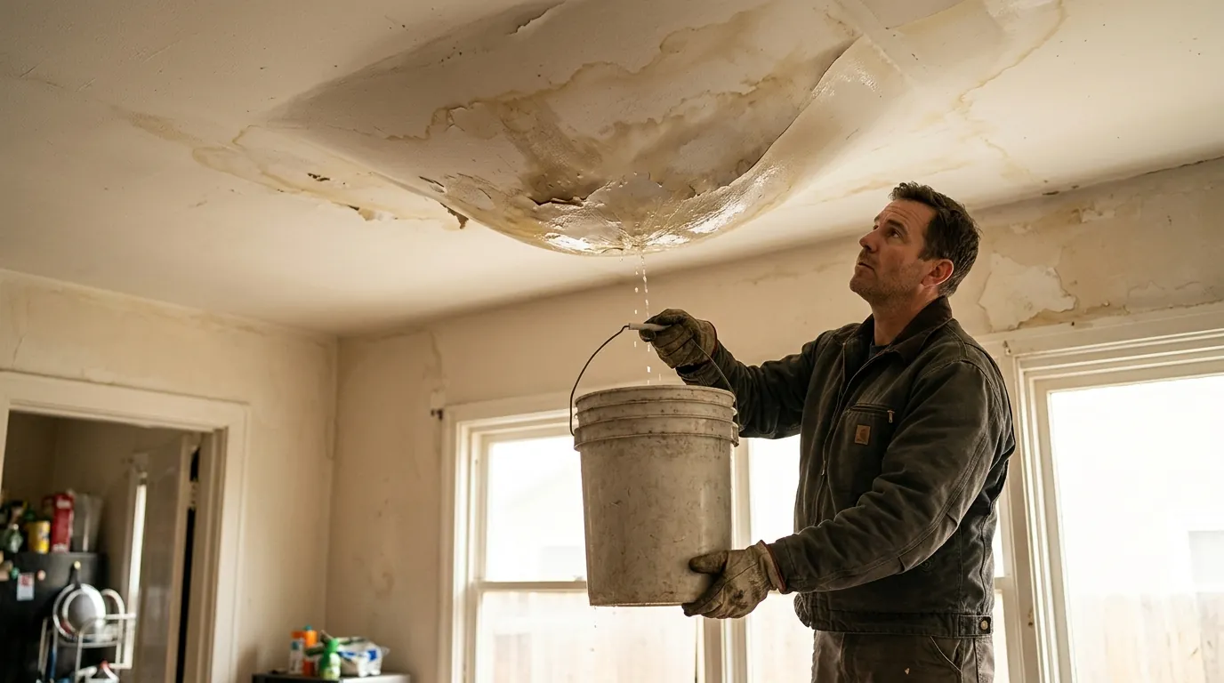 Sagging wet ceiling drywall bulging with water