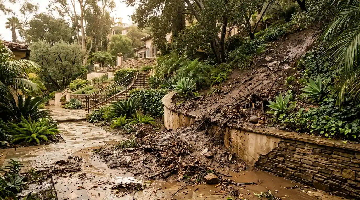 Bel Air hillside estate lower terrace with mud against a garden wall after a winter storm