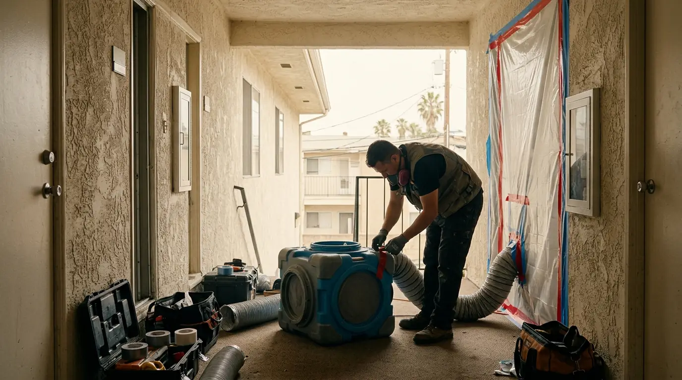 Air scrubber and containment sheeting in a Los Angeles hallway