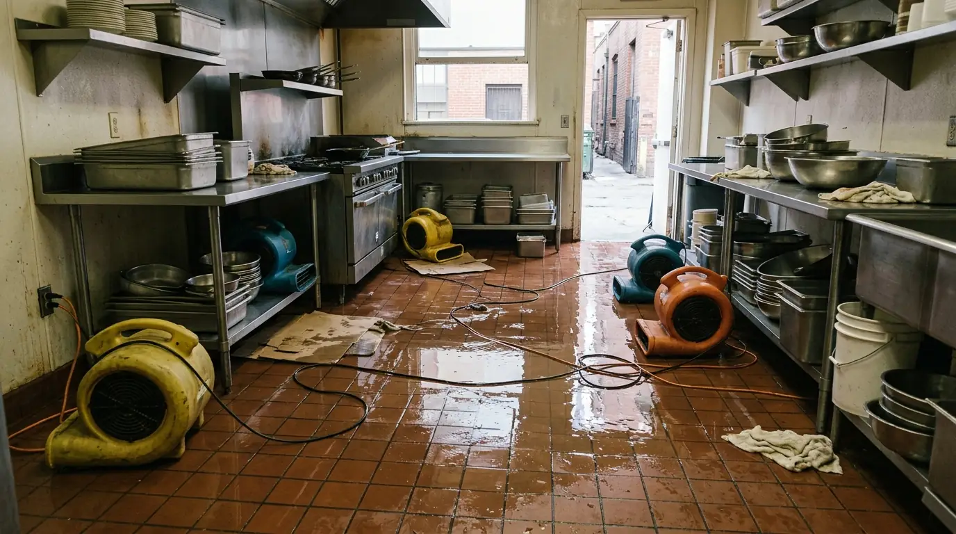 Flooded restaurant kitchen floor with air movers under prep tables