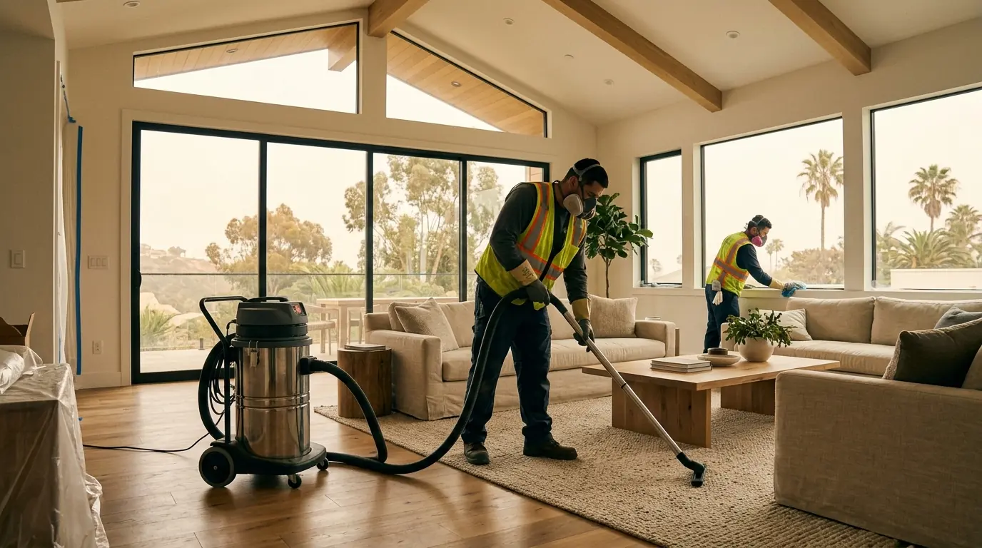 Pacific Palisades home interior being HEPA vacuumed for ash by masked technicians