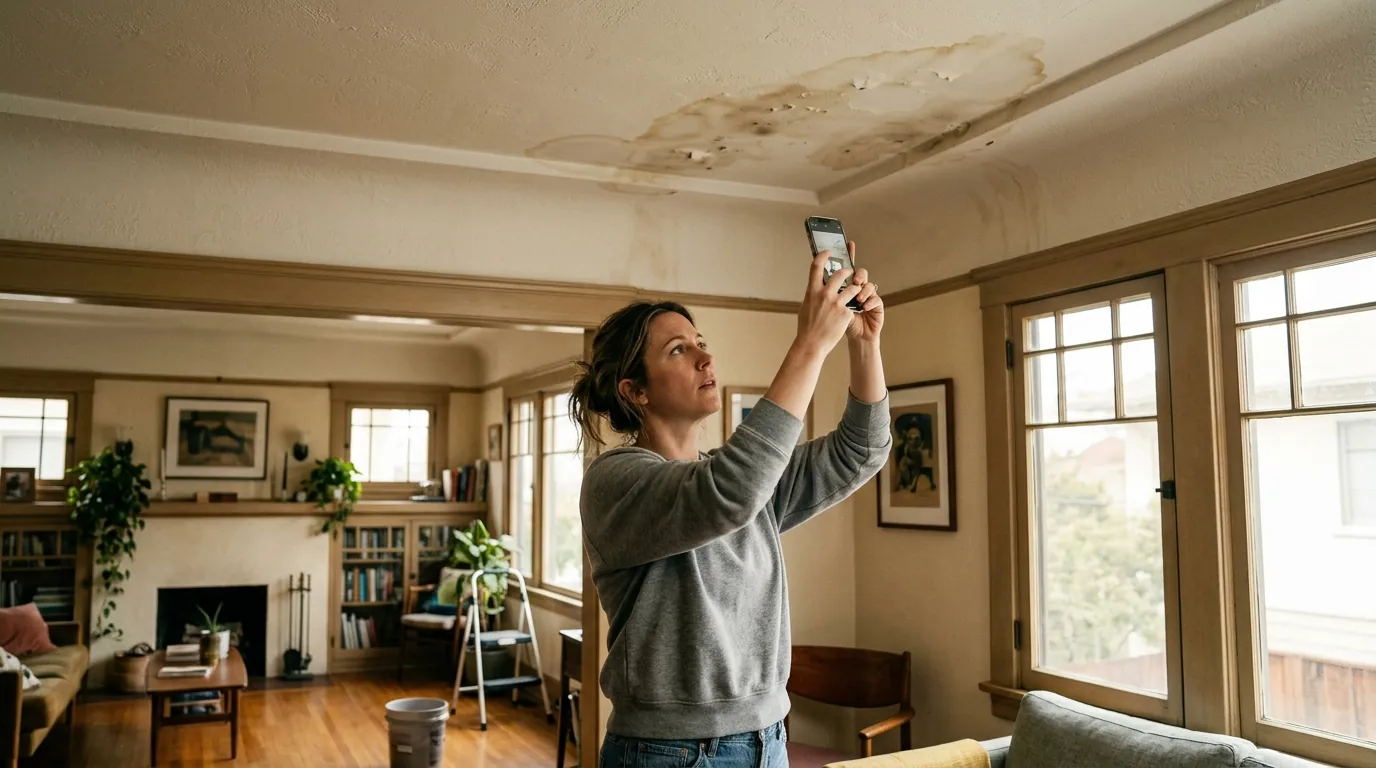 Homeowner photographing water damage with a phone for a claim