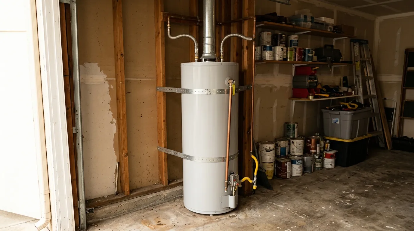 Water heater with two seismic straps and flexible connectors in a garage