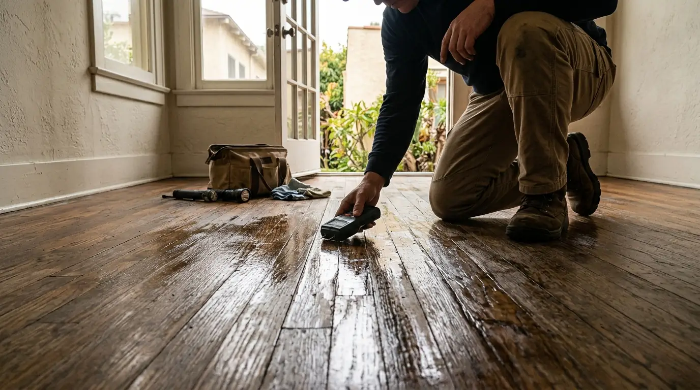 Hollywood bungalow court unit with a wet hardwood floor and a technician checking moisture