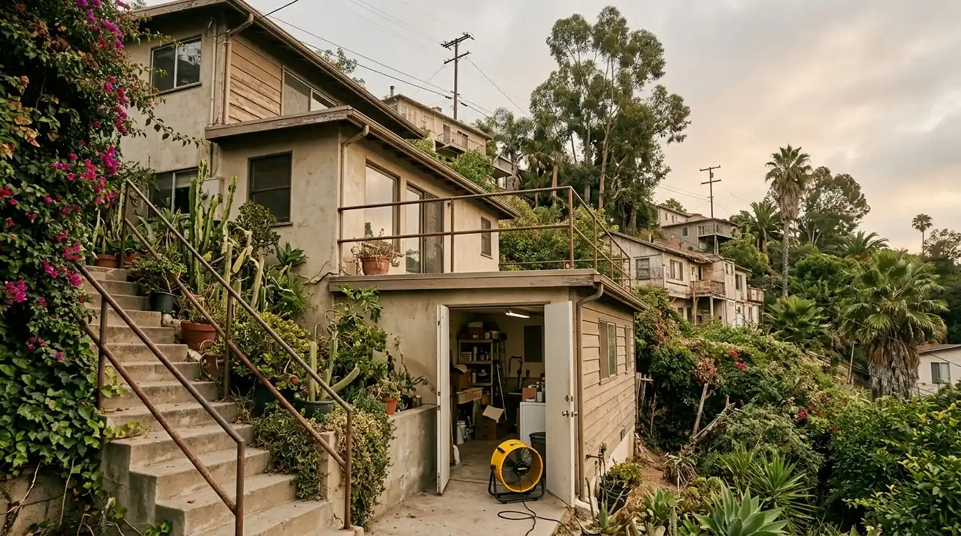 Silver Lake hillside house with a stepped staircase and a drying fan in a lower level room