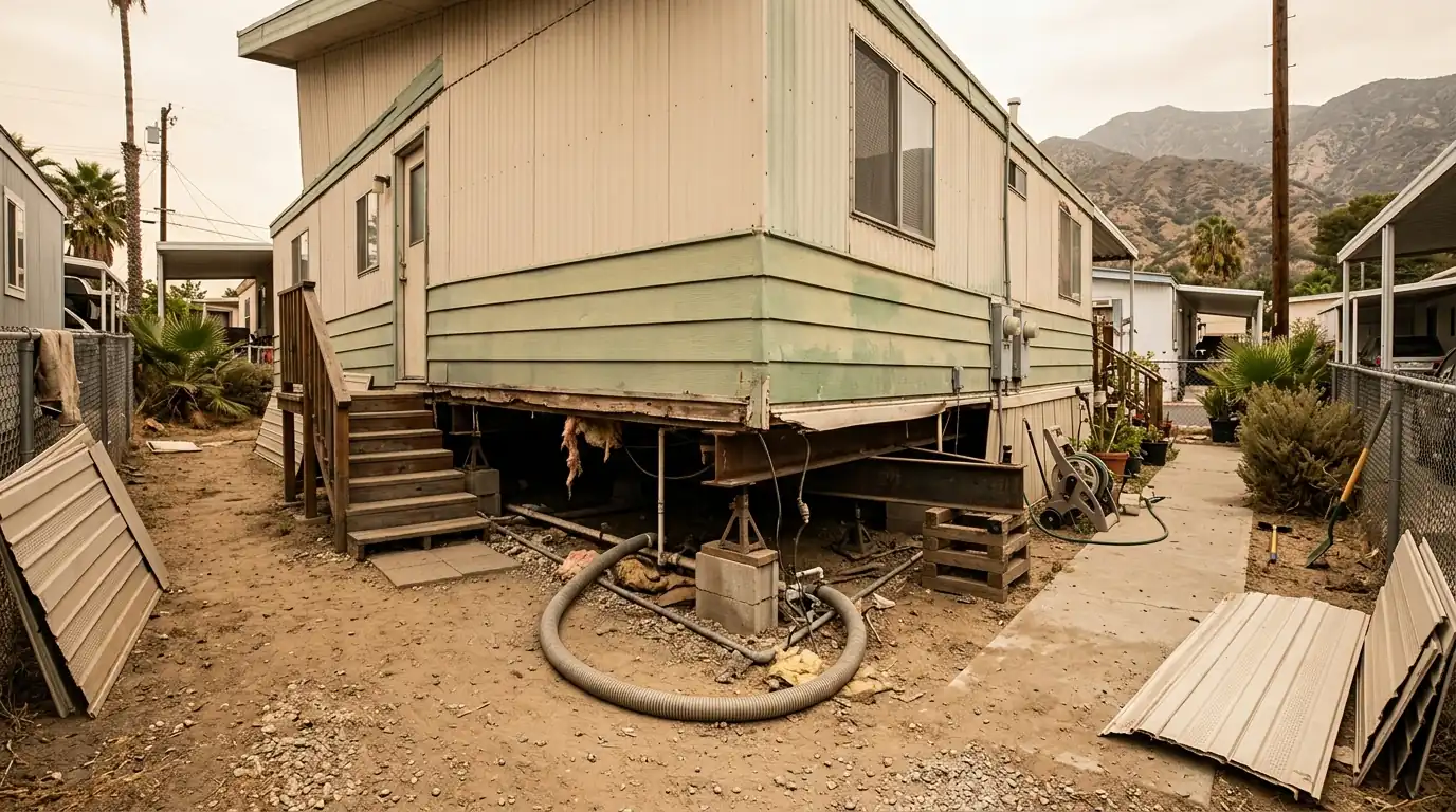 Sylmar manufactured home in a park with skirting removed and a pump hose underneath