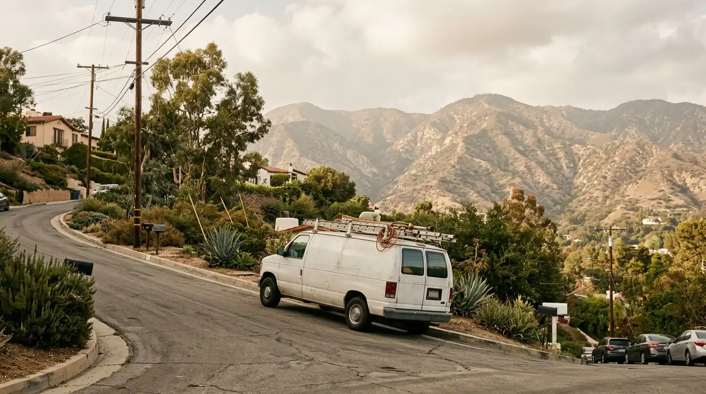 Restoration van parked on a Los Angeles County hillside street below the San Gabriel Mountains