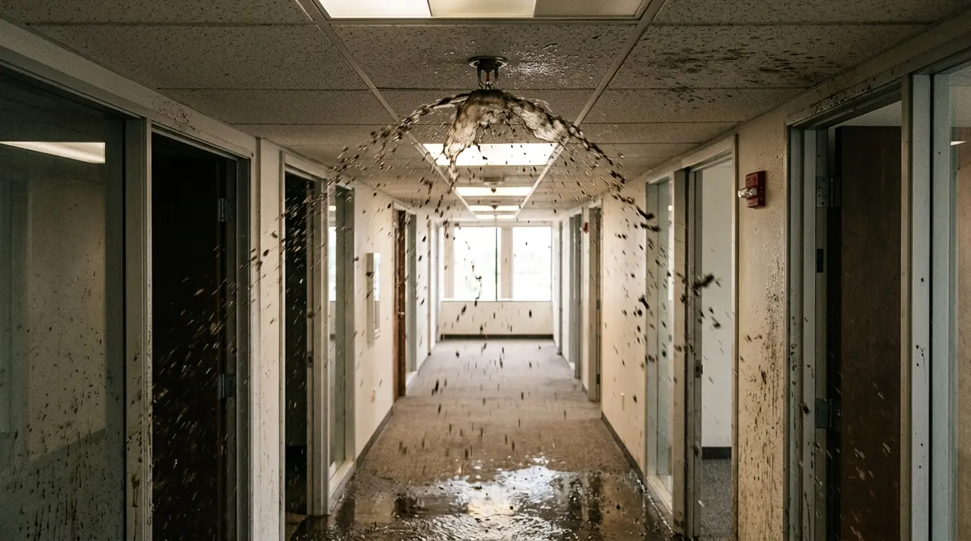 Fire sprinkler head discharging water in an office corridor