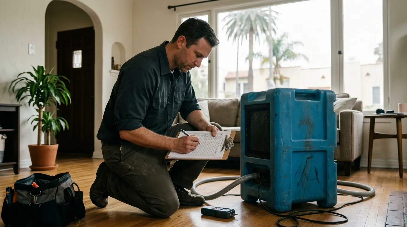 Technician logging moisture readings beside a dehumidifier in a Los Angeles living room