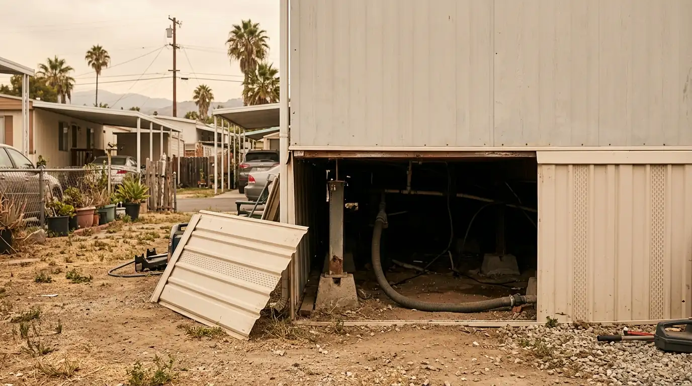 Manufactured home with skirting removed and a pump hose running from underneath
