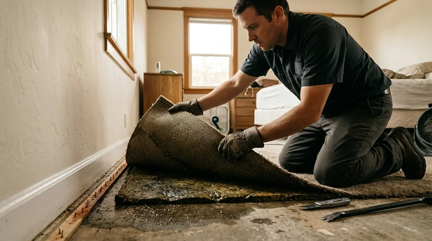 Air mover pushing air under lifted wet carpet in Los Angeles
