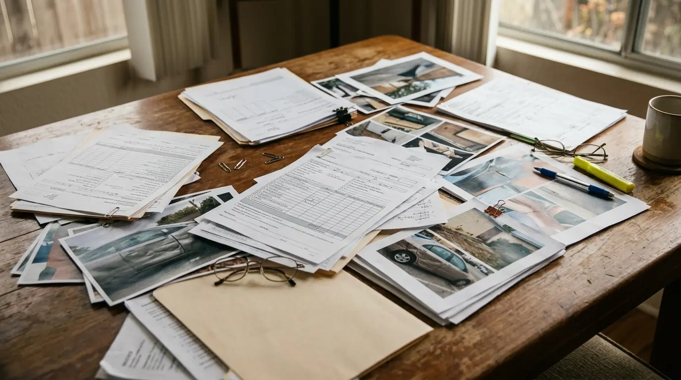 Claim paperwork and printed photos spread on a table