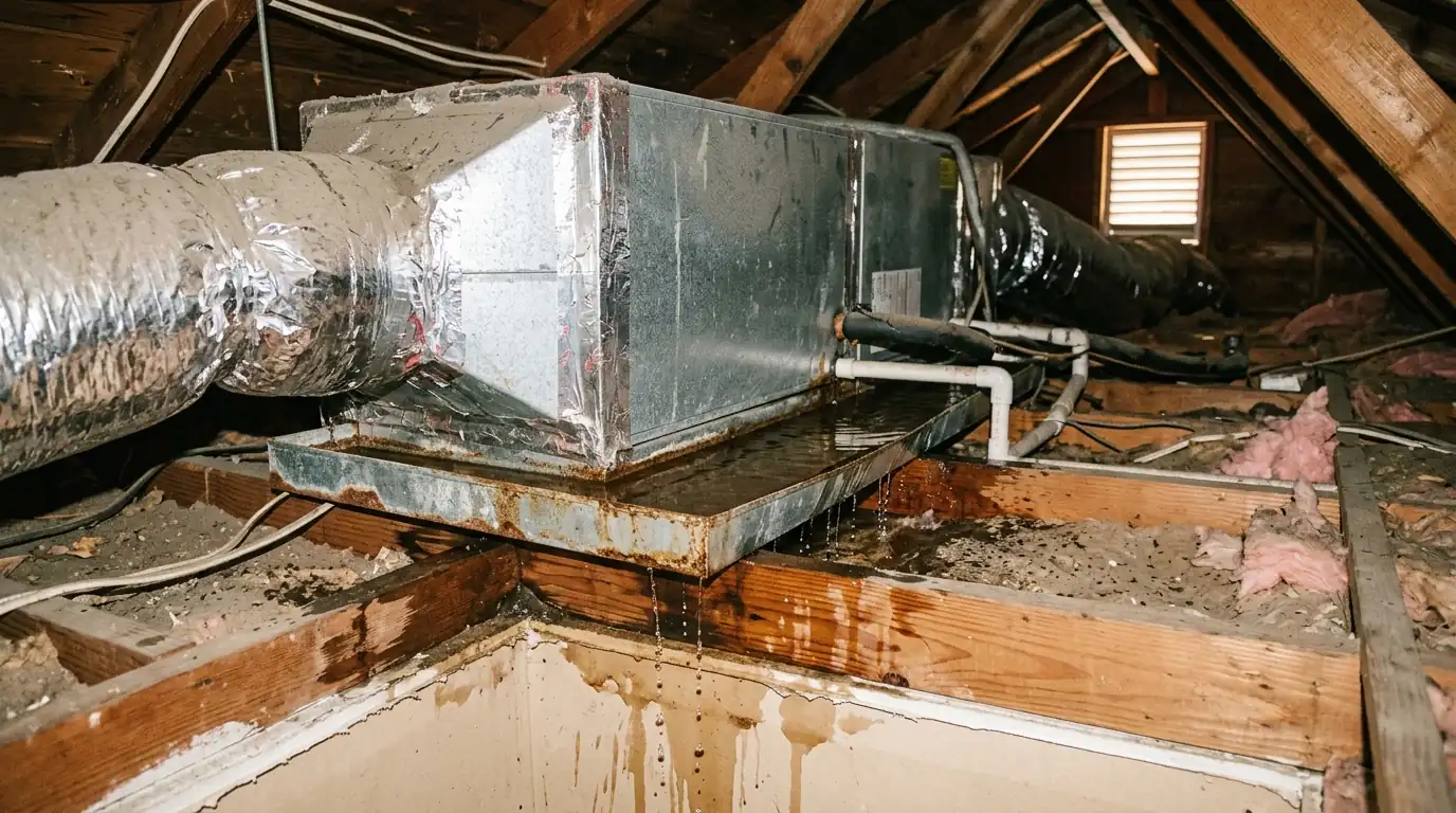 Water-stained ceiling below an attic air conditioner in Los Angeles