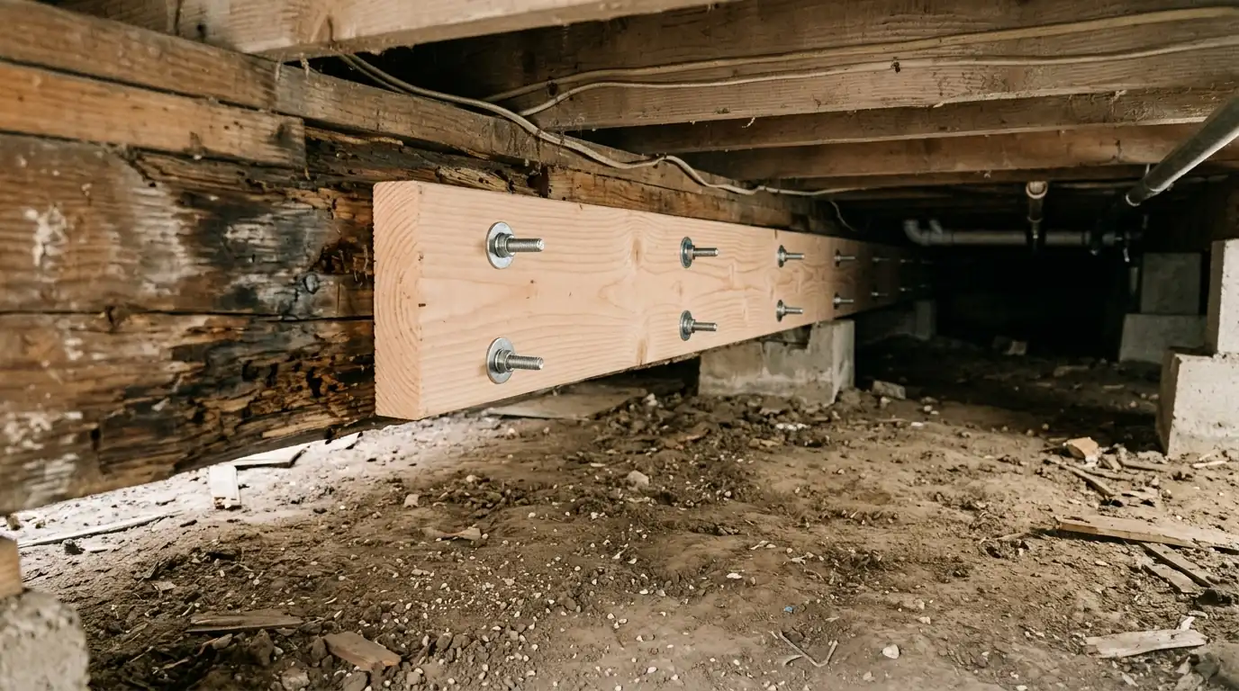 New subfloor panels screwed over repaired joists