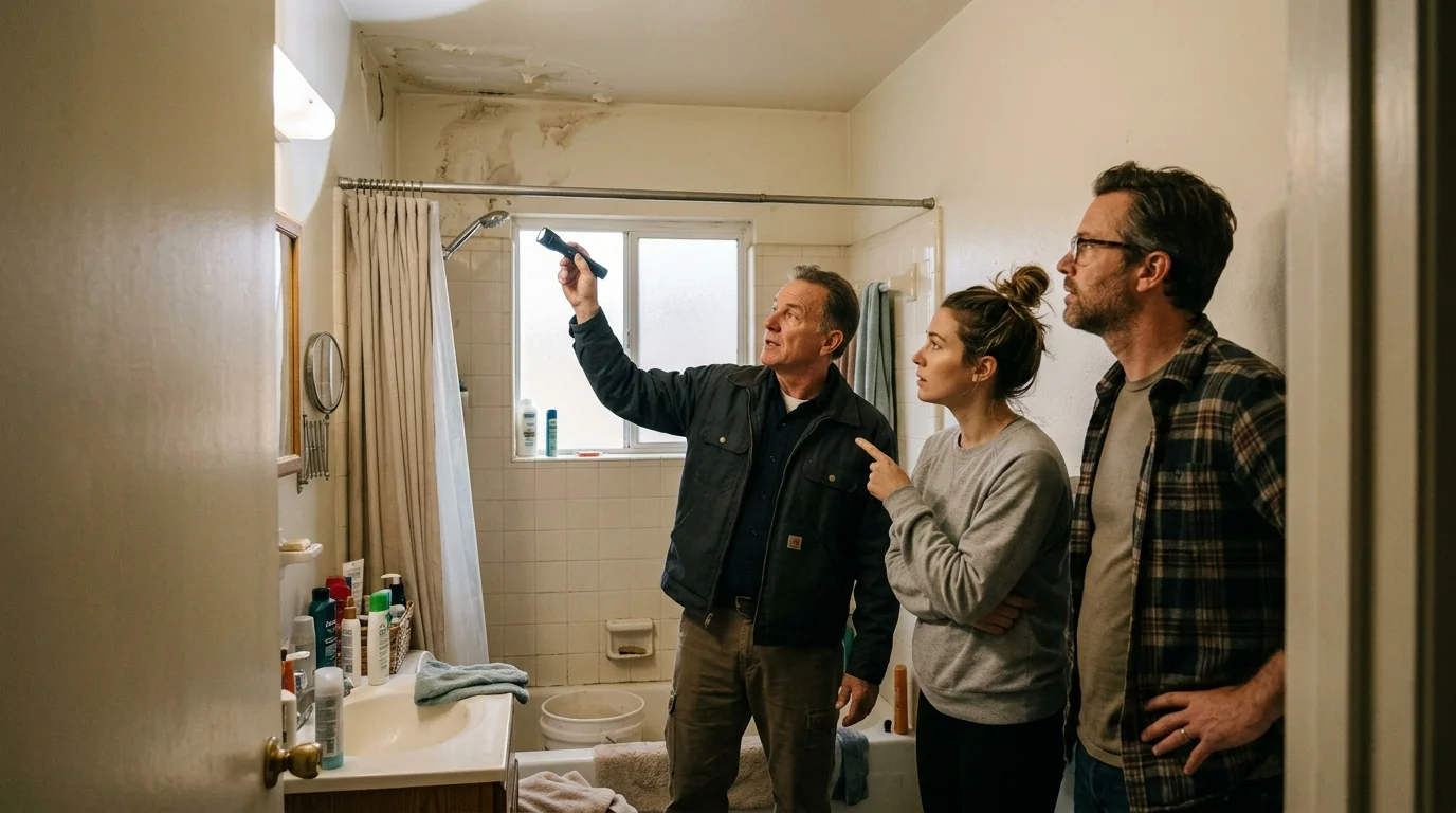 Neighbors and a building manager looking at a leak in a condo bathroom