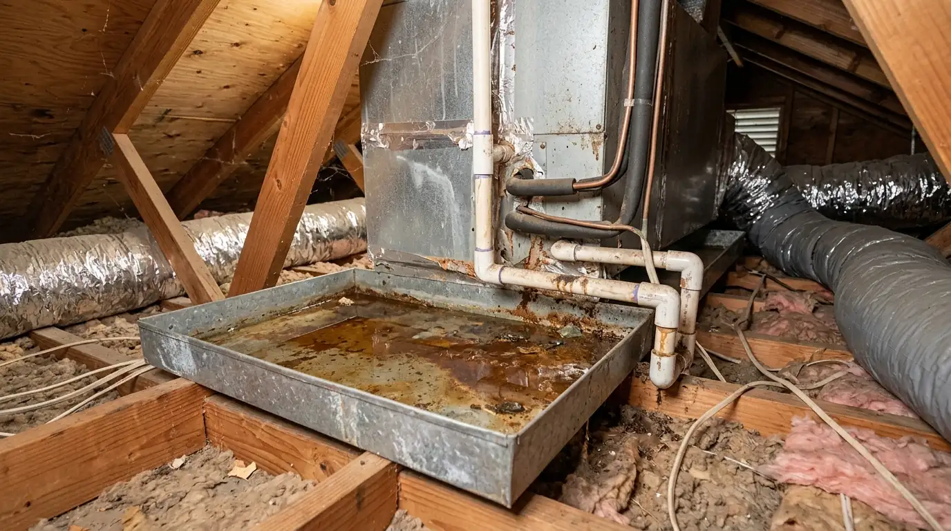 West Hills ranch house attic air handler with a wet drain pan
