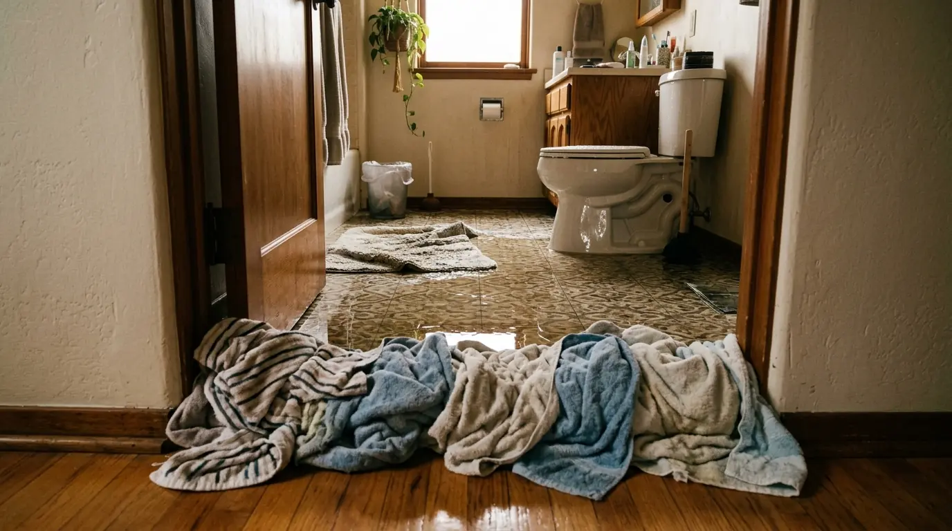 Bathroom floor covered in water from an overflowing toilet in Los Angeles