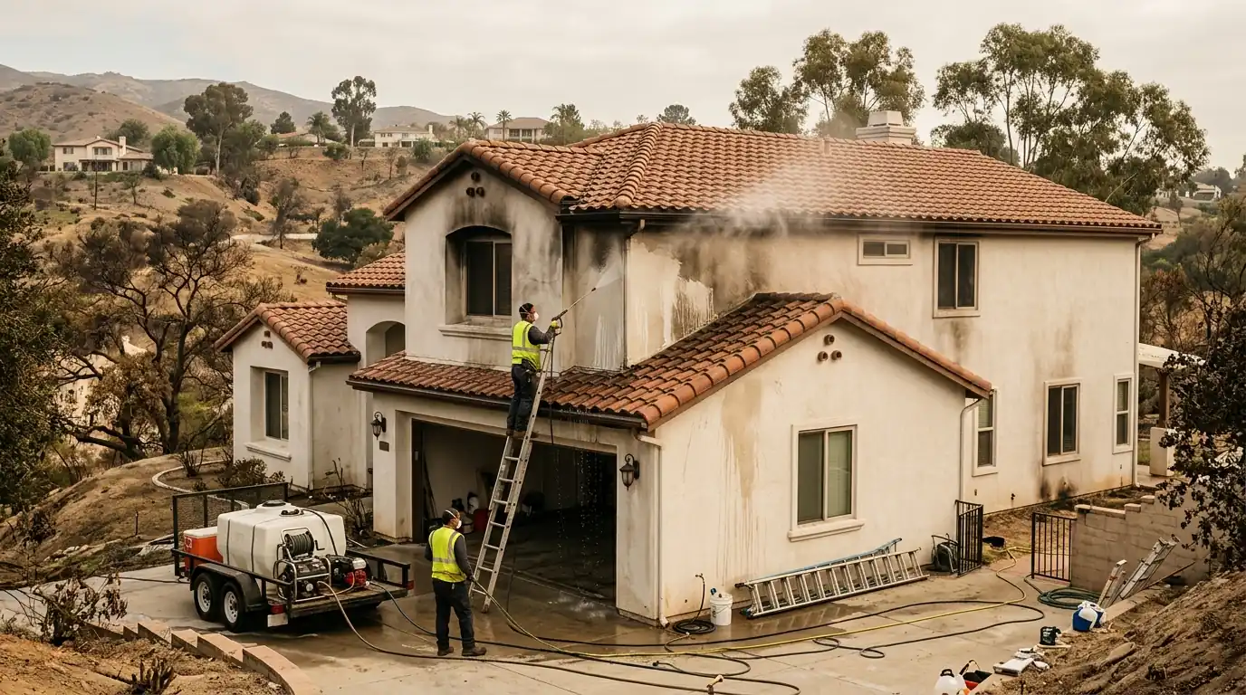 Camarillo hillside neighborhood with a smoke-stained stucco home being cleaned after a wildfire