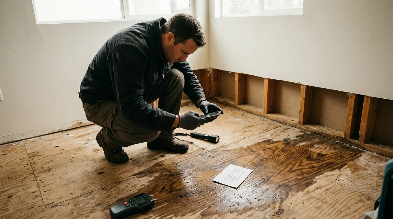 Technician photographing a wet subfloor for a claim file