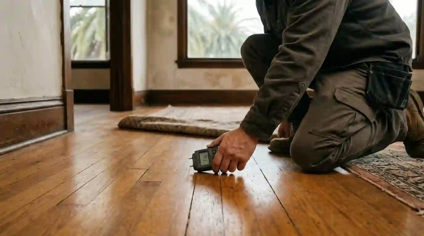 Technician taking a moisture reading on old oak flooring