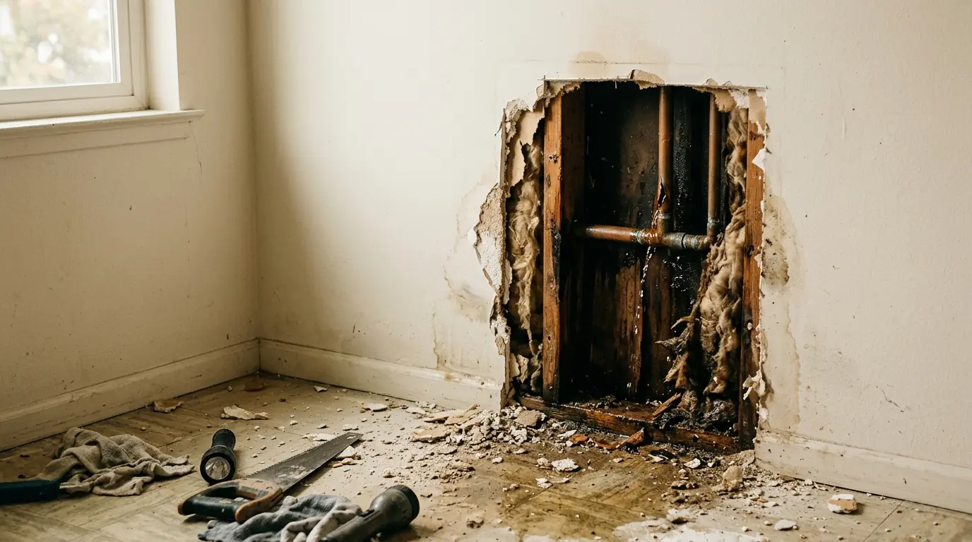 Downey ranch-style home with a burst pipe opening cut in the drywall