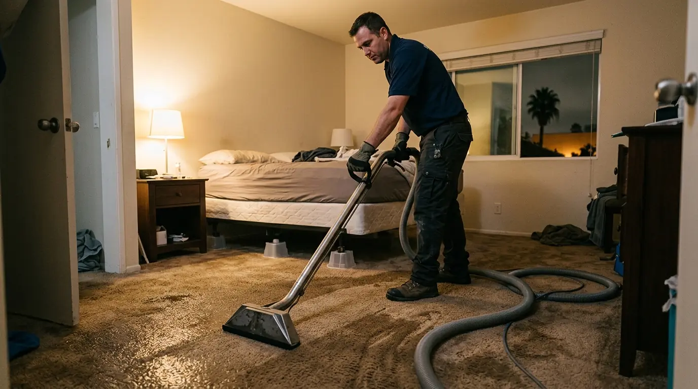 Technician running an extraction wand over soaked carpet at night
