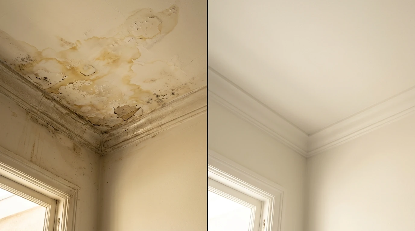 Water-stained Los Angeles ceiling before and after repair