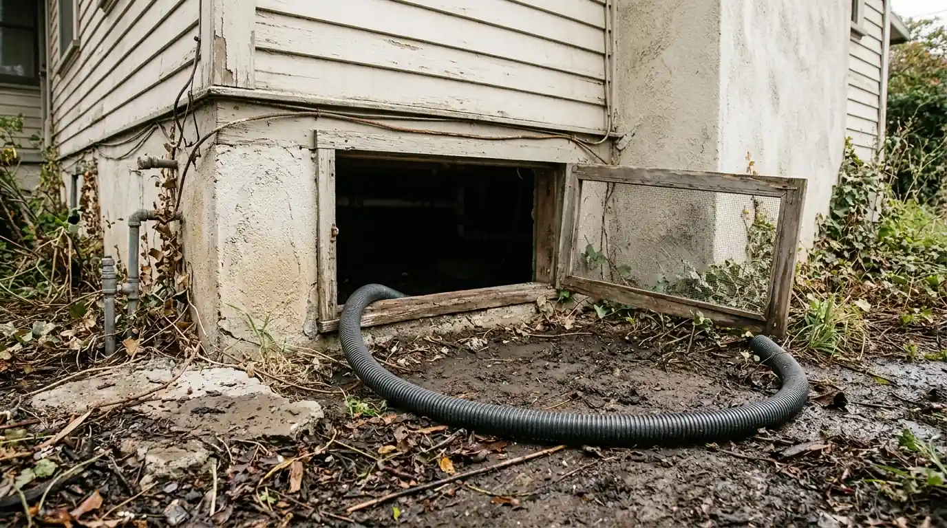 Pomona older bungalow crawl space access with a sump hose and wet soil