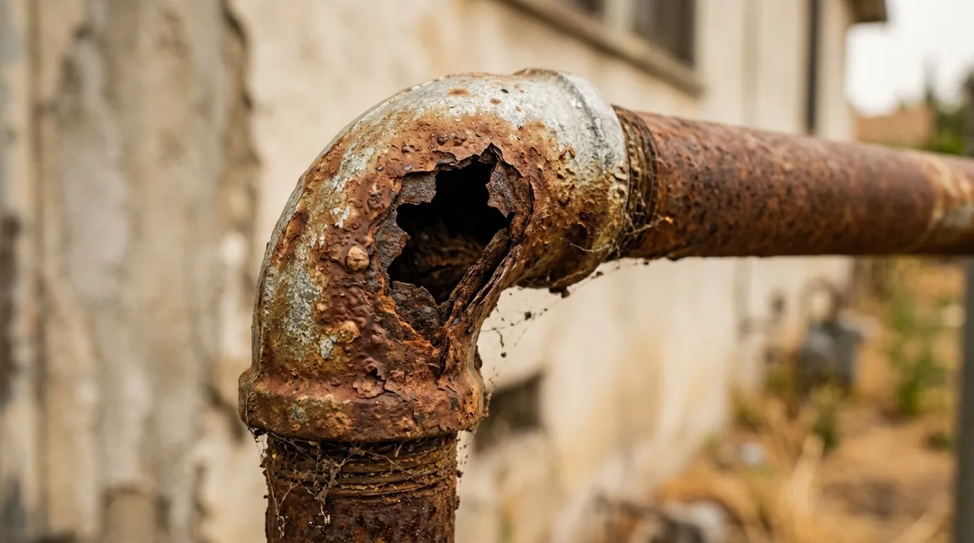 Old galvanized pipe elbow rusted through, close-up