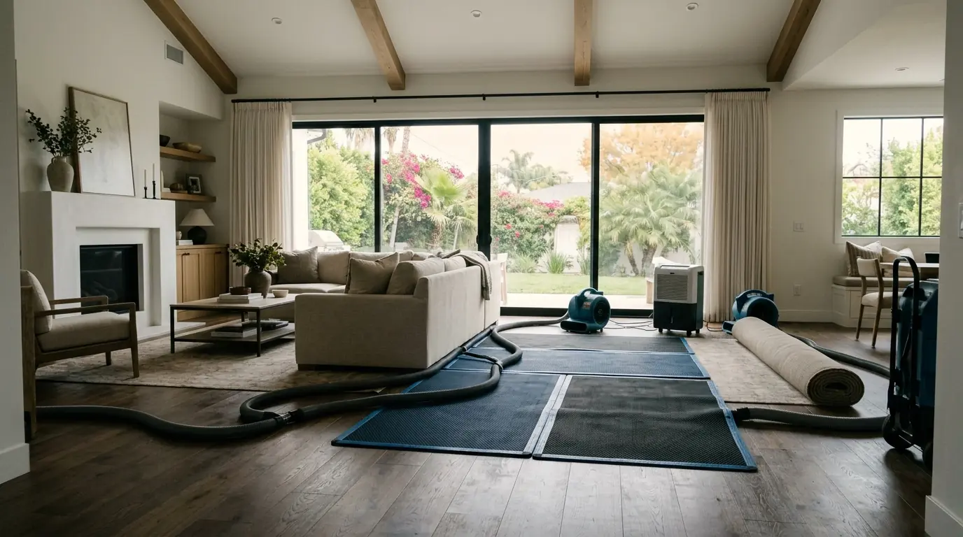 Encino home living room with wet hardwood floor under drying mats