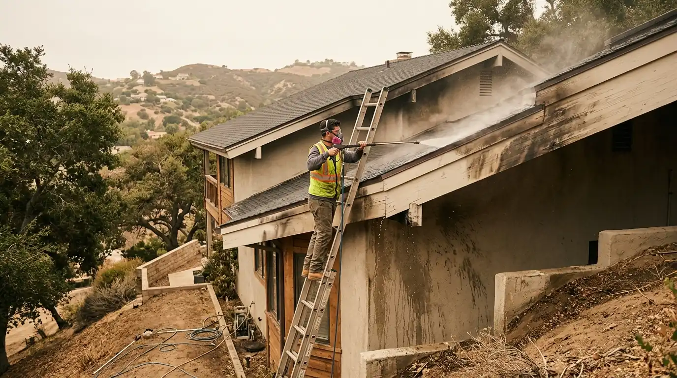 Thousand Oaks hillside home with ash being cleaned from a patio and windows