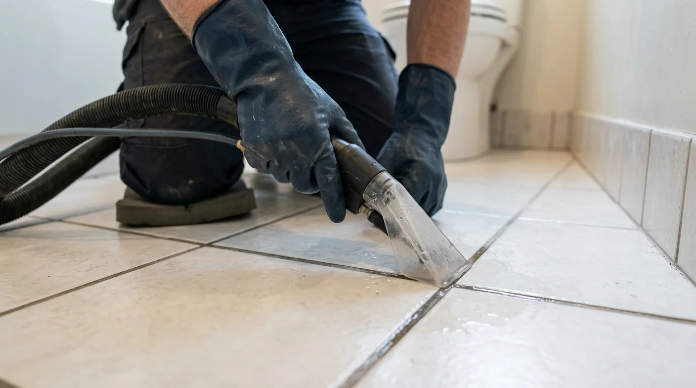 Technician extracting water from bathroom tile grout in Los Angeles