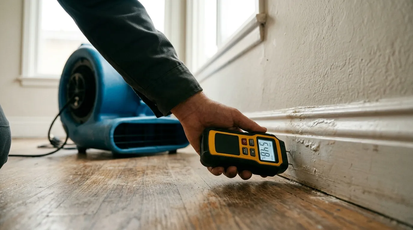 Moisture meter reading on baseboard trim in a Los Angeles living room