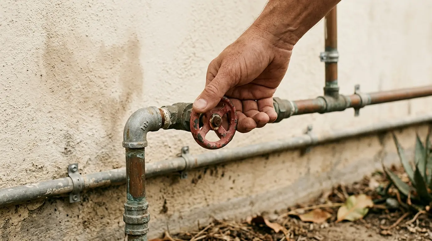 Hand closing a main water shutoff valve beside a stucco wall