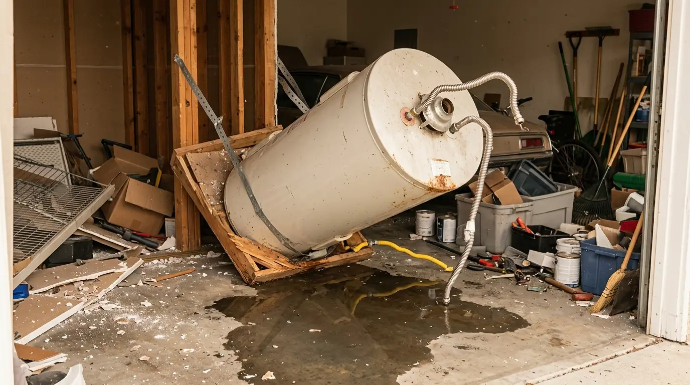 Fallen water heater with a broken flex line in a Los Angeles garage