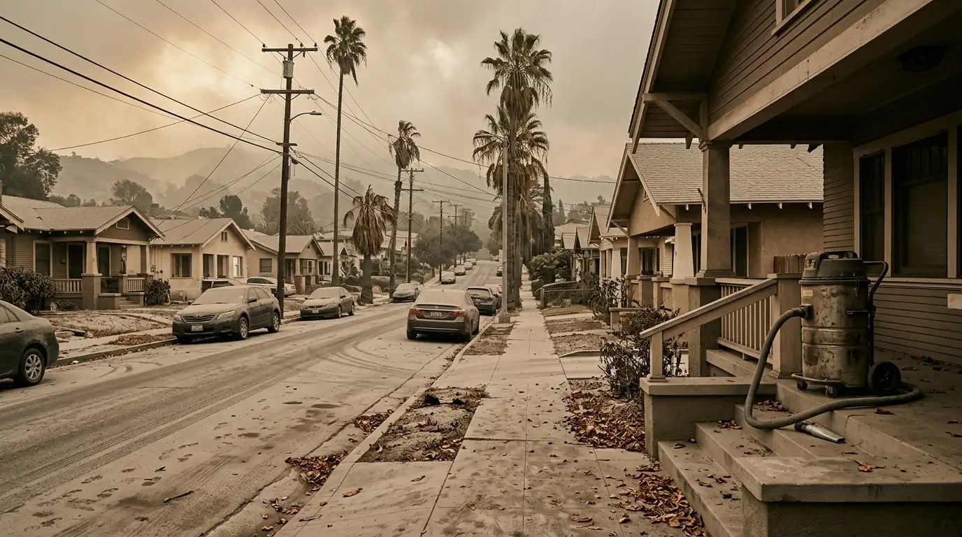 Ash-coated street and a HEPA vacuum on a porch after a wildfire