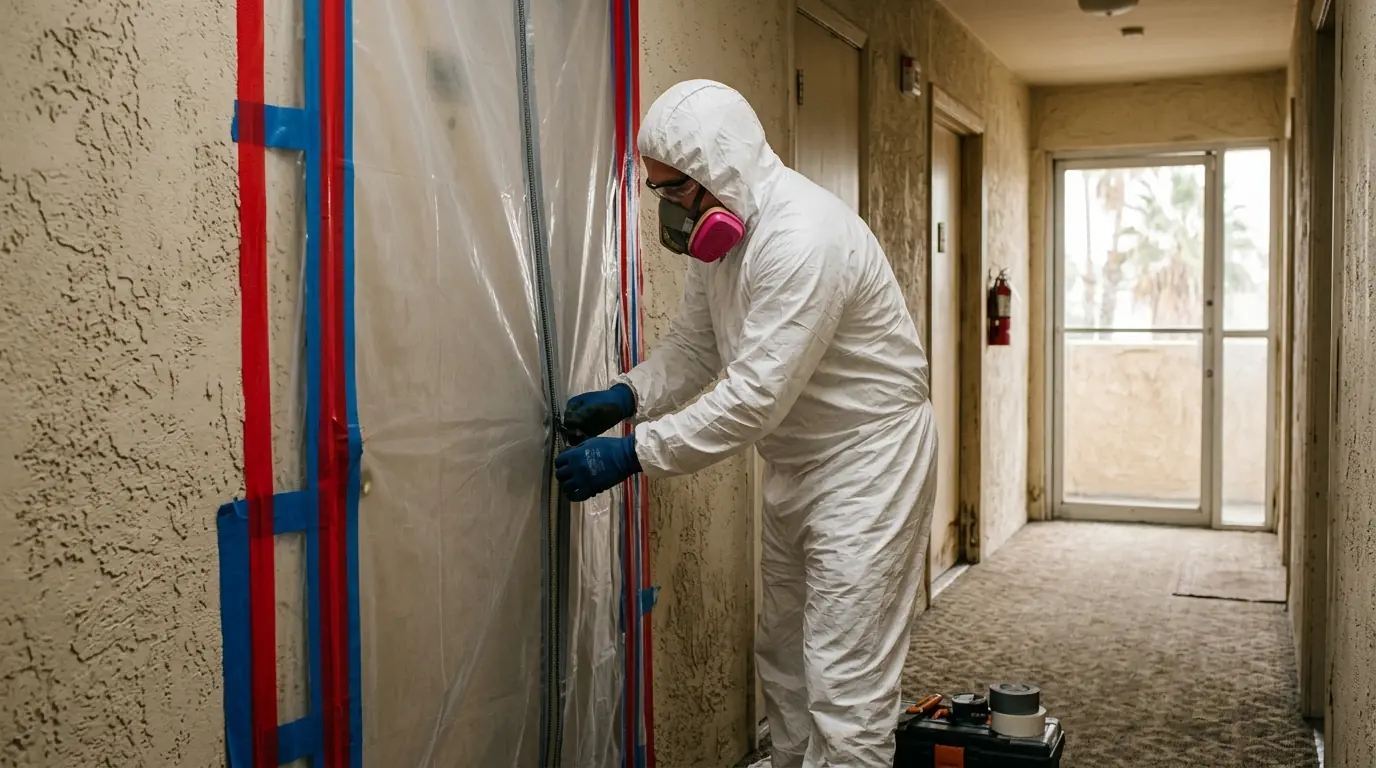 Containment zipper door sealed before mold removal in a Los Angeles hallway