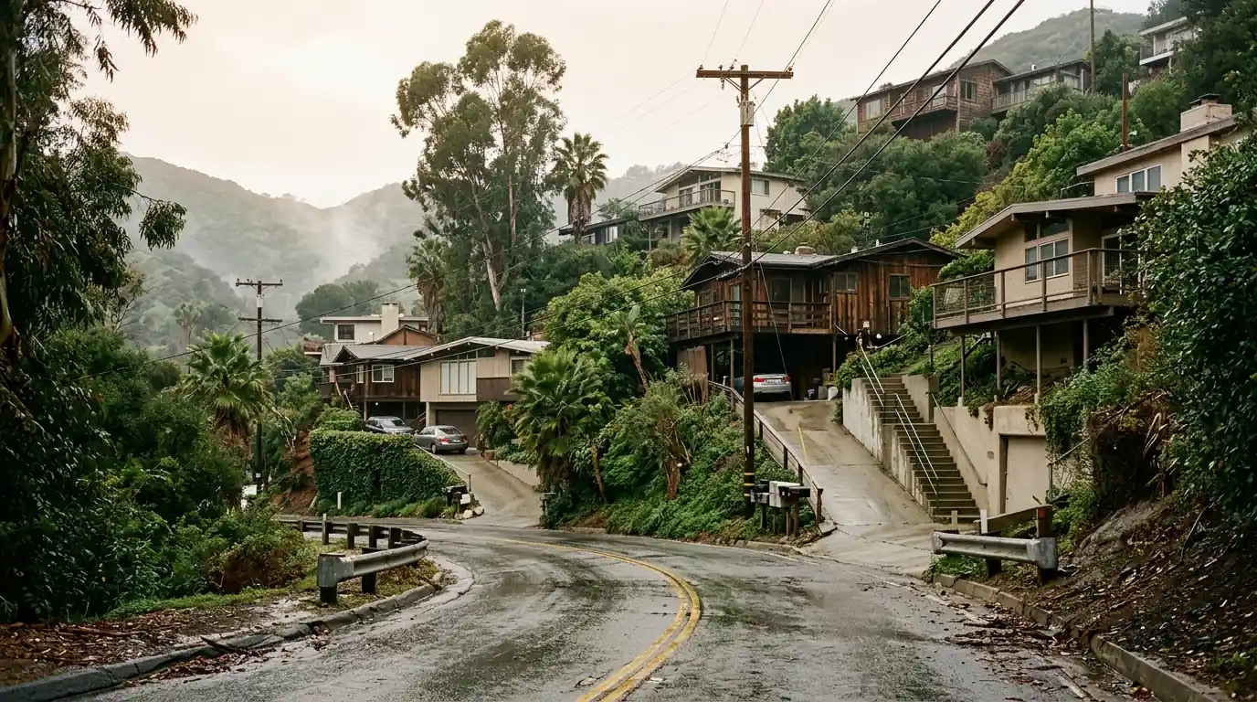 Hillside homes above a Los Angeles canyon road after winter rain
