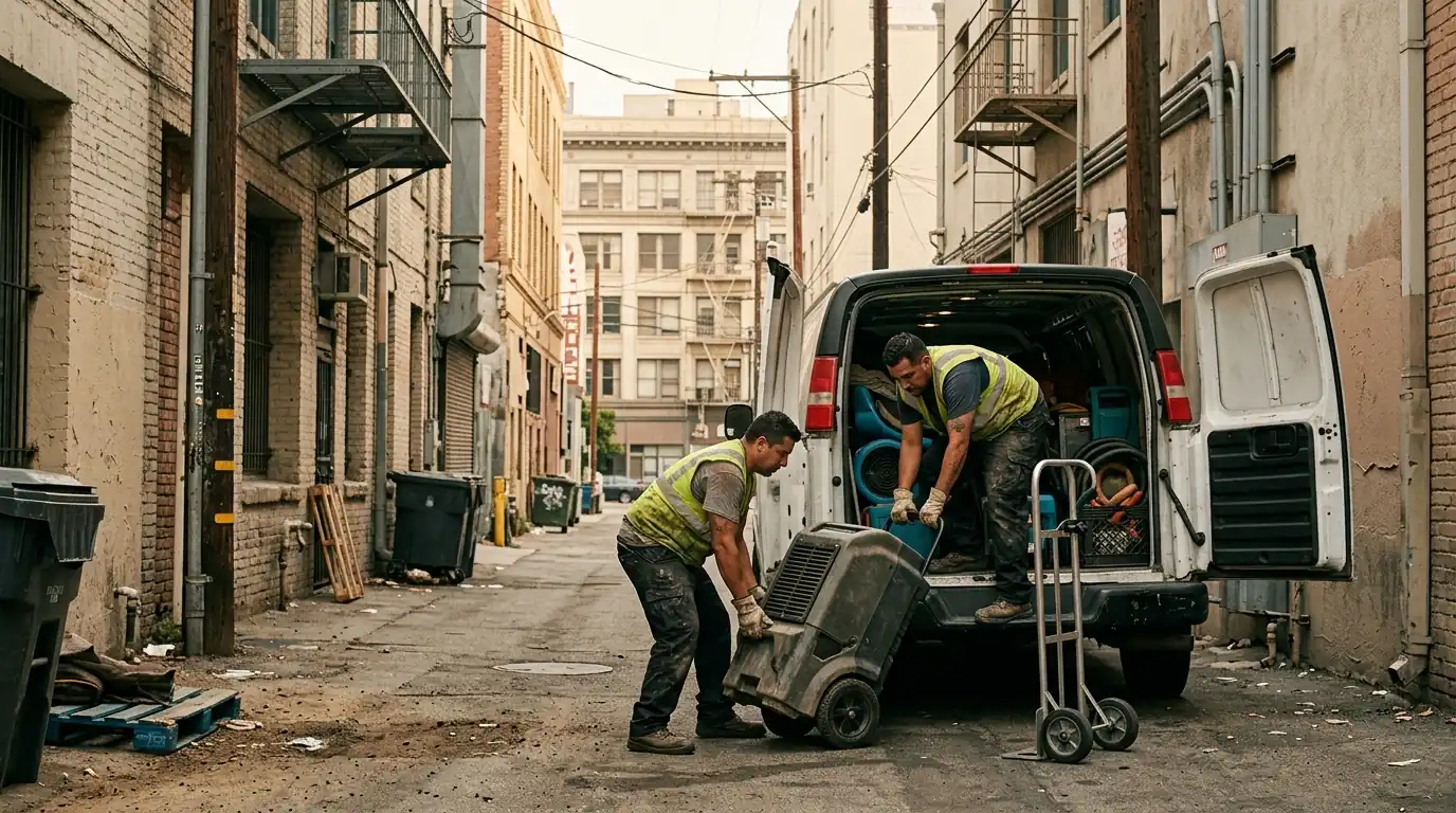 Technicians loading a dehumidifier into a van near Little Tokyo
