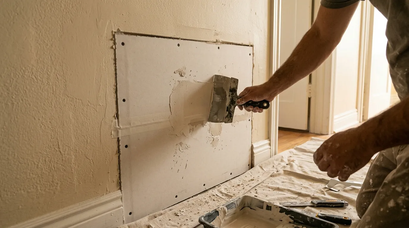 Swollen drywall edge behind a baseboard