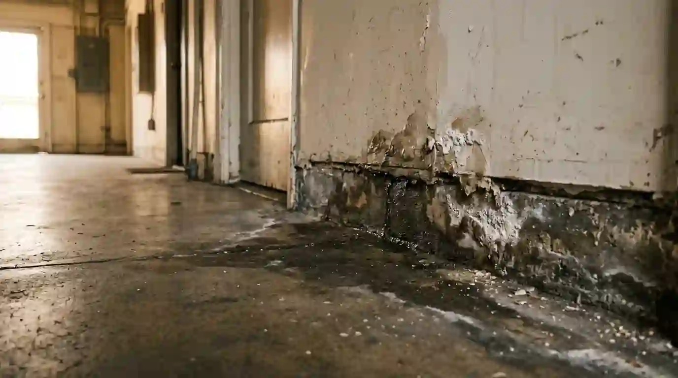 Cracked concrete slab edge with dampness in a hallway