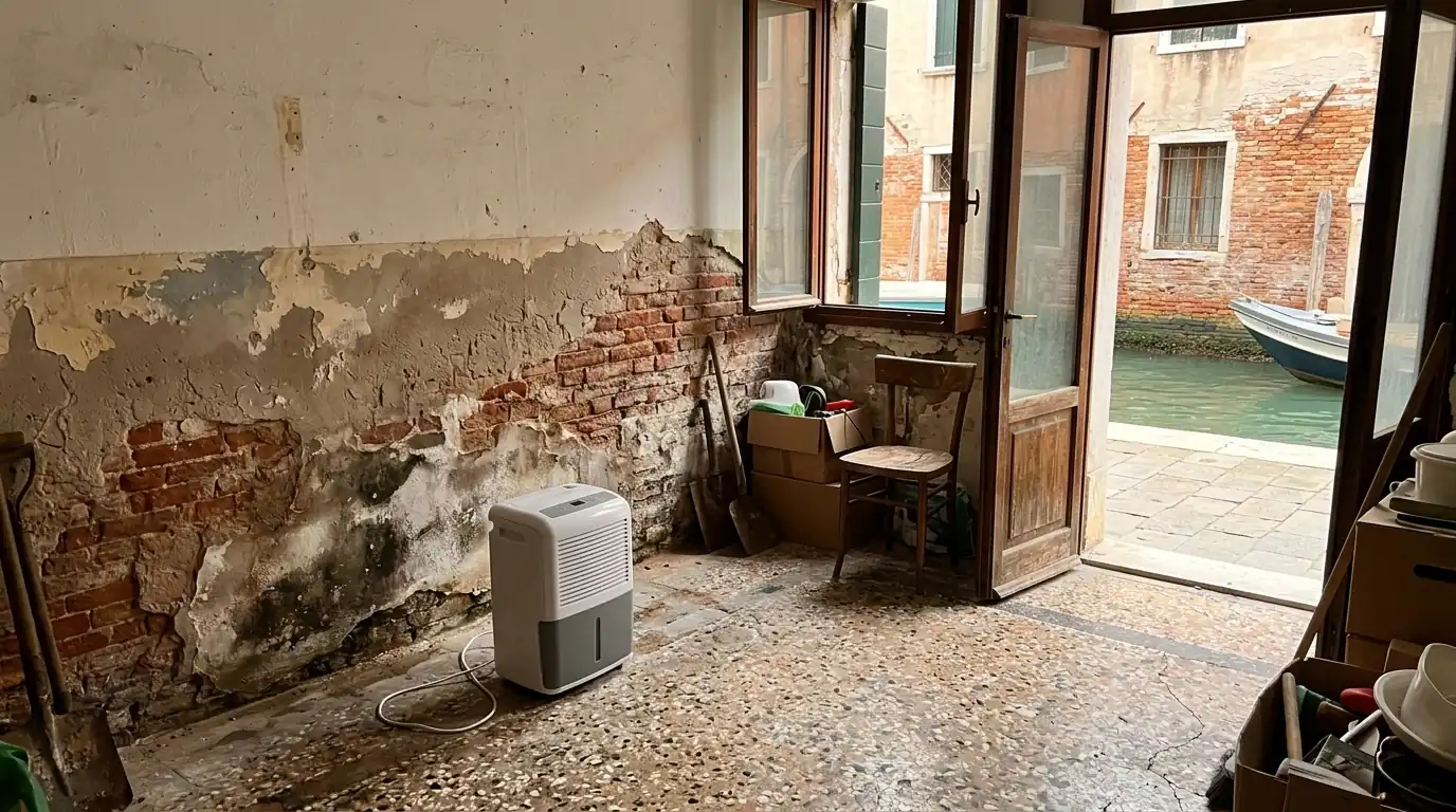 Venice canal-side home ground floor with damp walls and a dehumidifier