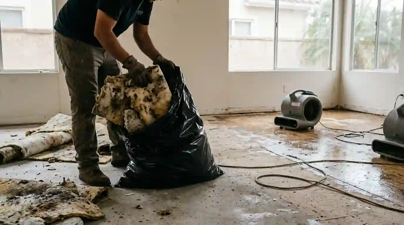Contaminated carpet pad bagged beside a clean-water floor being dried