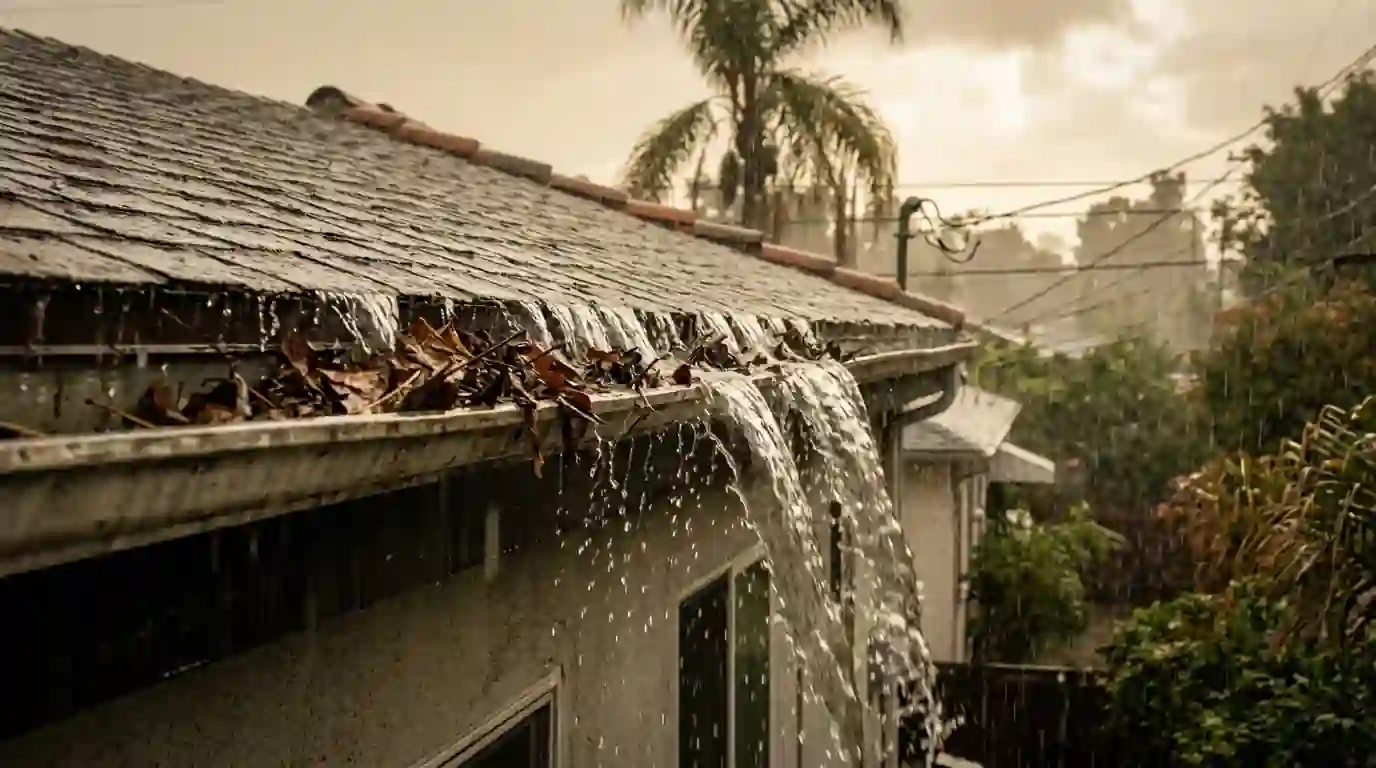 Rain sheeting off a Los Angeles roof edge with a clogged gutter