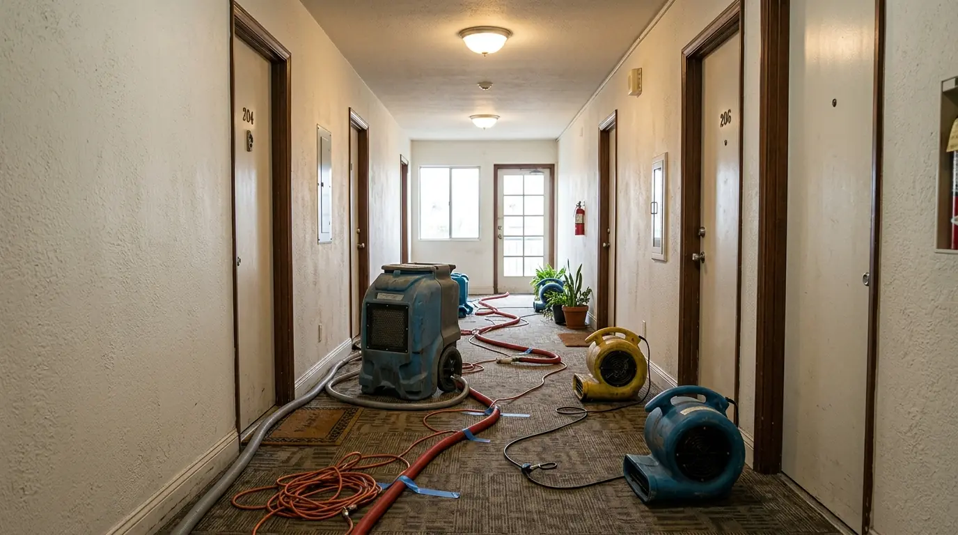Santa Monica apartment building hallway with a dehumidifier and air movers