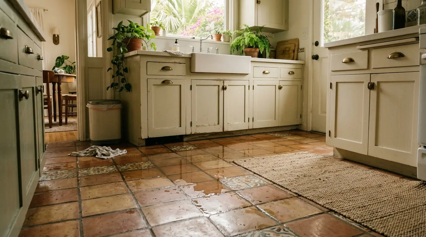 Water pooling across a tile kitchen floor from under a sink cabinet
