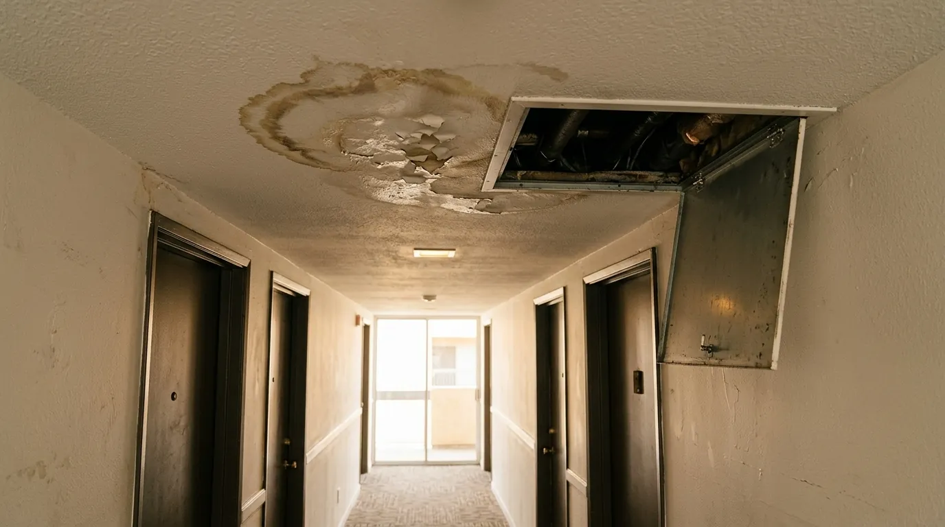 Condo hallway ceiling with a water stain and an access panel opened