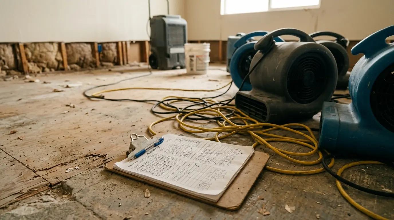 Written drying log and scope of work on a clipboard beside air movers