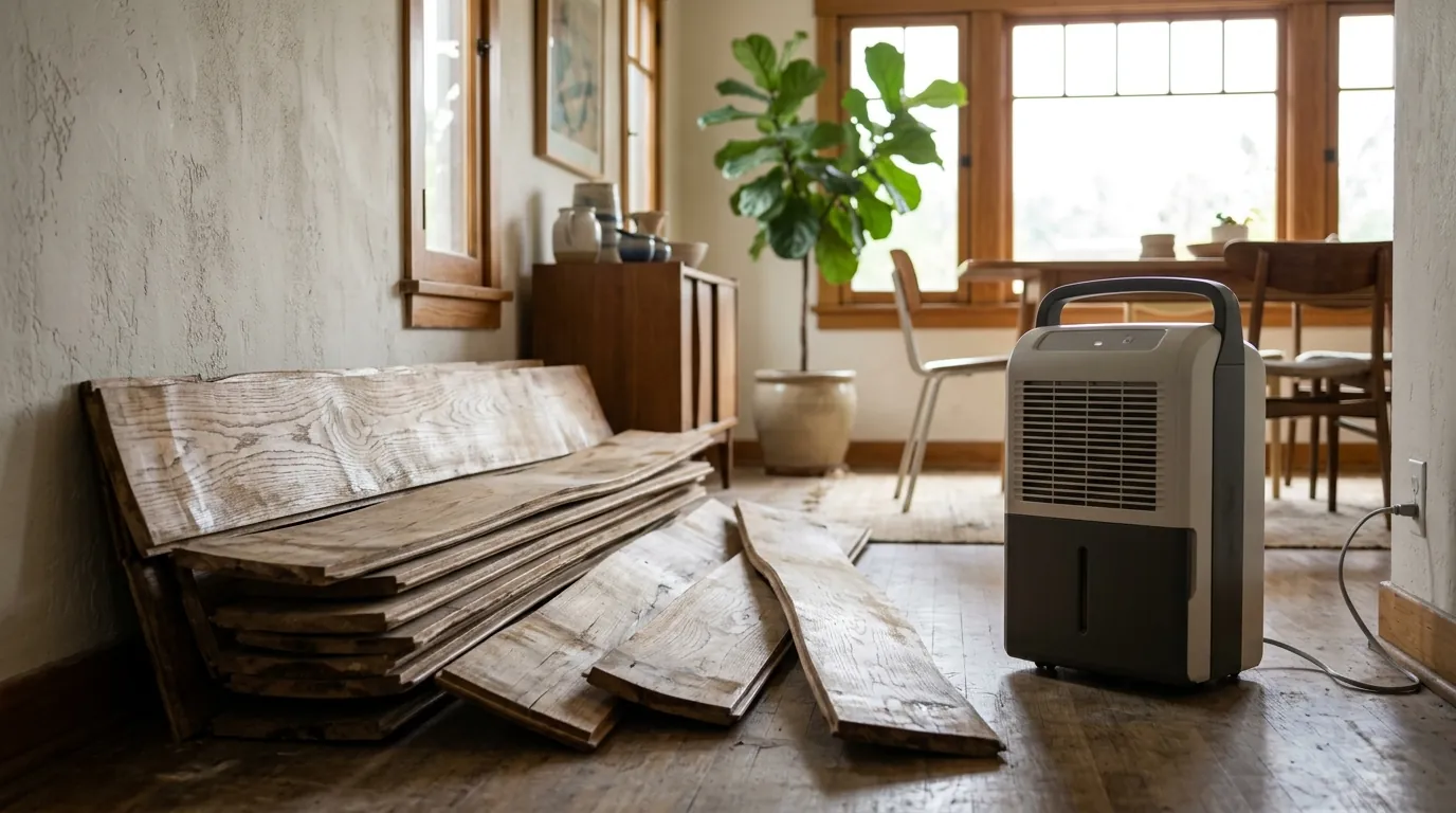 Cupped hardwood boards beside a dehumidifier in a dining room